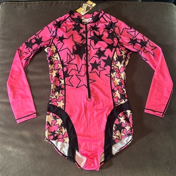 Women’s Pink with Stars Design Long Sleeve Swimsuit Rashguard Size XL NWT - Picture 6 of 8
